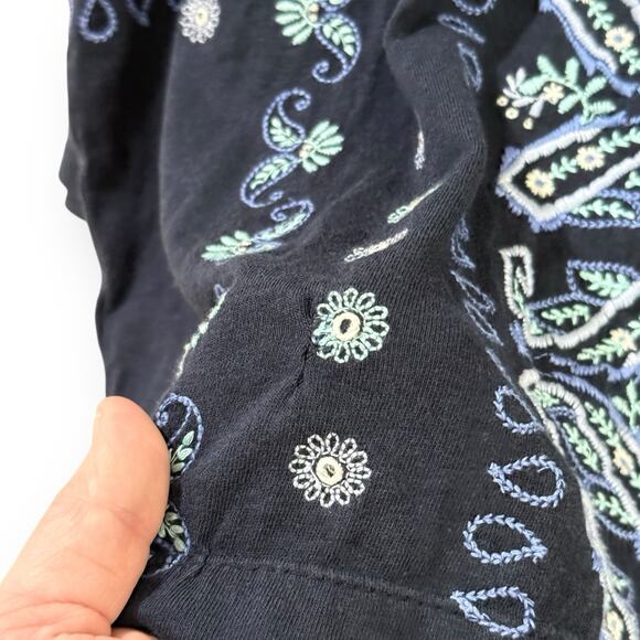 J.Jill Flagstaff Embroidered Patchwork Top Womens Size Large Navy Blue Boho - Picture 7 of 10